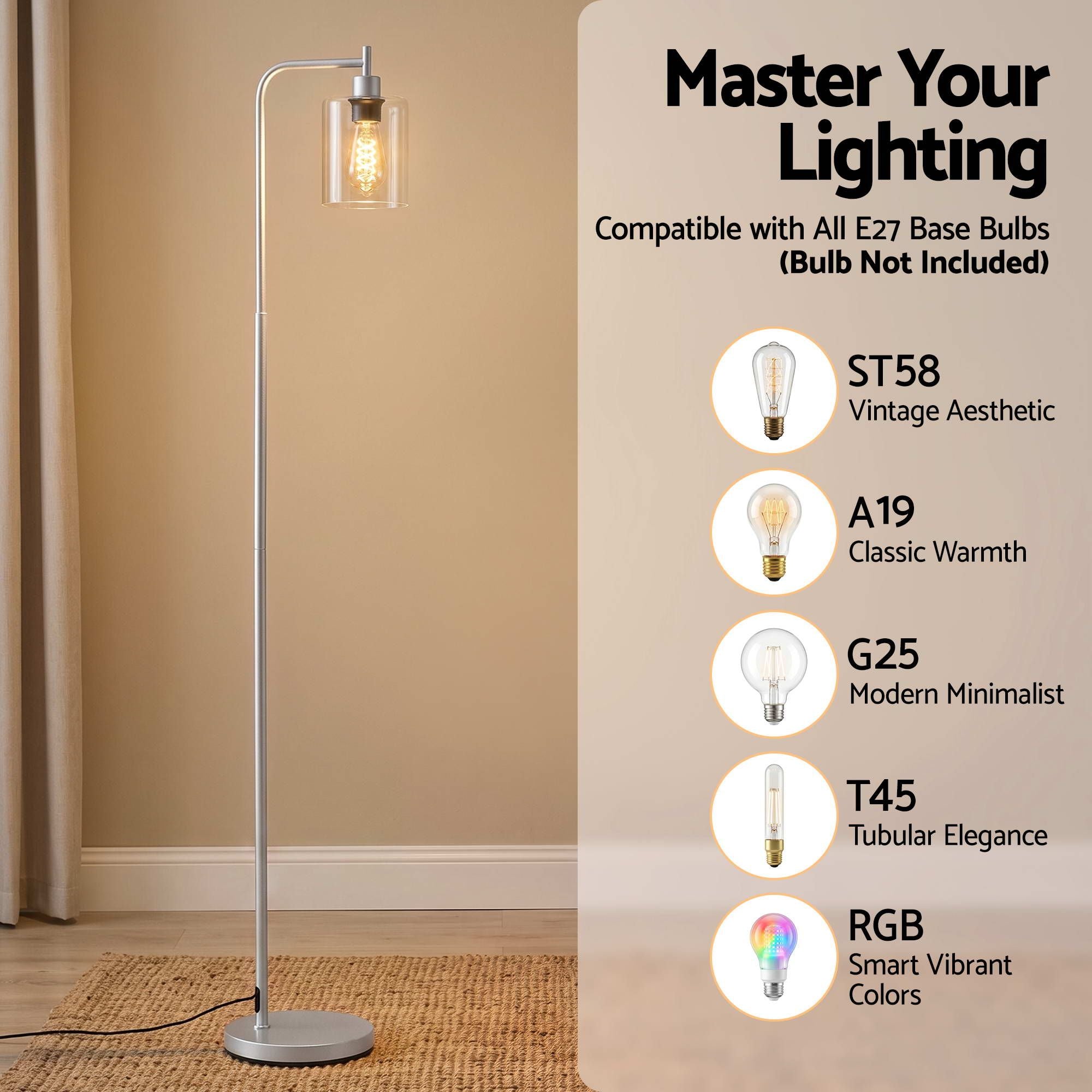 Artiss Floor Lamp Modern Industrial Standing Light with Clear Glass Shade, Silver Metal Tall Lamp for Living Room, Bedroom & Office, Anti-Tipping Weighted Base & Foot Switch Bulb Not Included