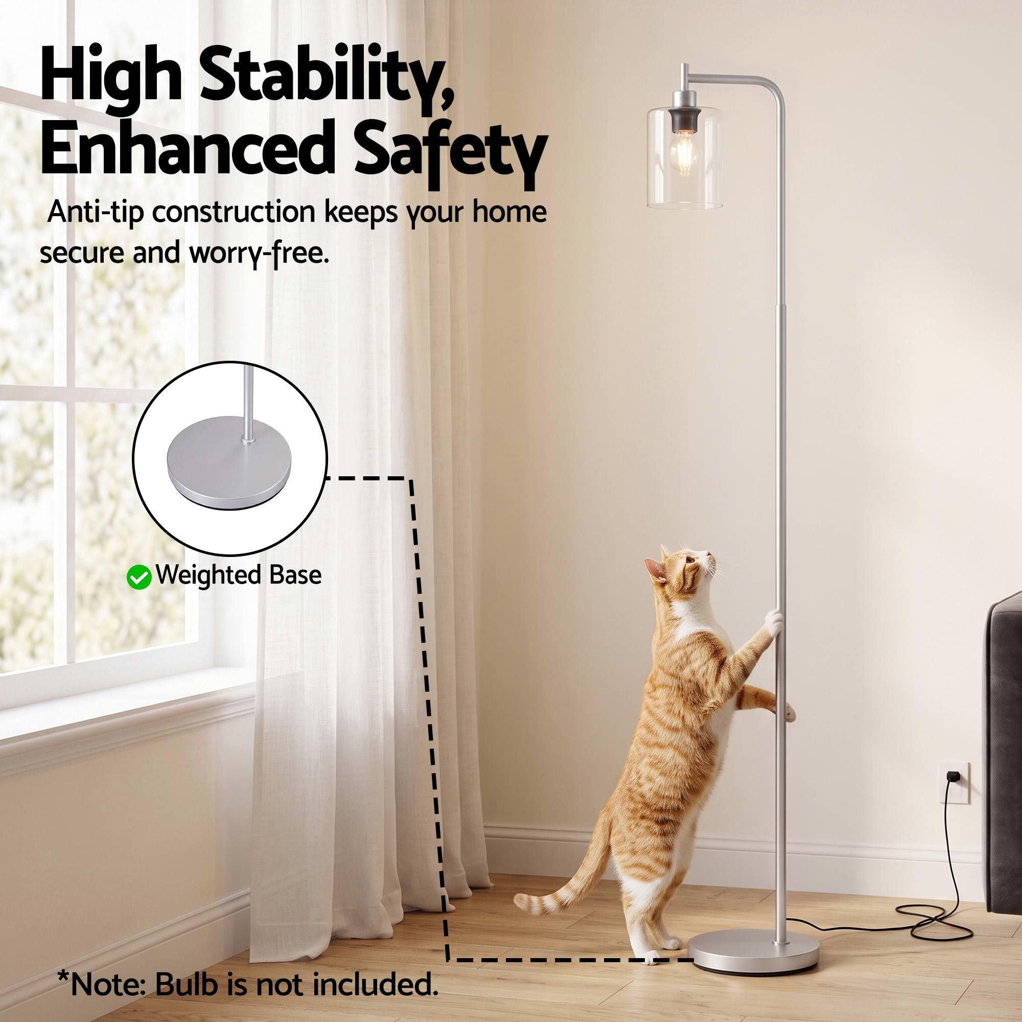 Artiss Floor Lamp Modern Industrial Standing Light with Clear Glass Shade, Silver Metal Tall Lamp for Living Room, Bedroom & Office, Anti-Tipping Weighted Base & Foot Switch Bulb Not Included