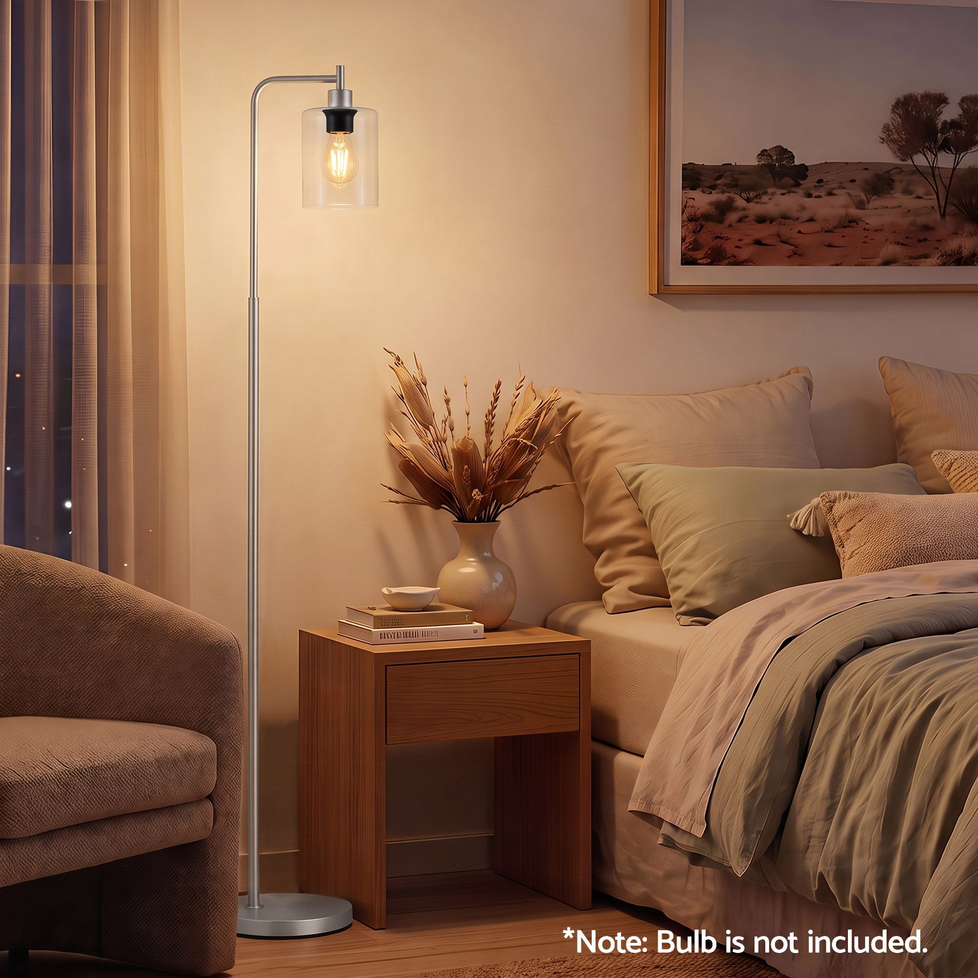 Artiss Floor Lamp Modern Industrial Standing Light with Clear Glass Shade, Silver Metal Tall Lamp for Living Room, Bedroom & Office, Anti-Tipping Weighted Base & Foot Switch Bulb Not Included