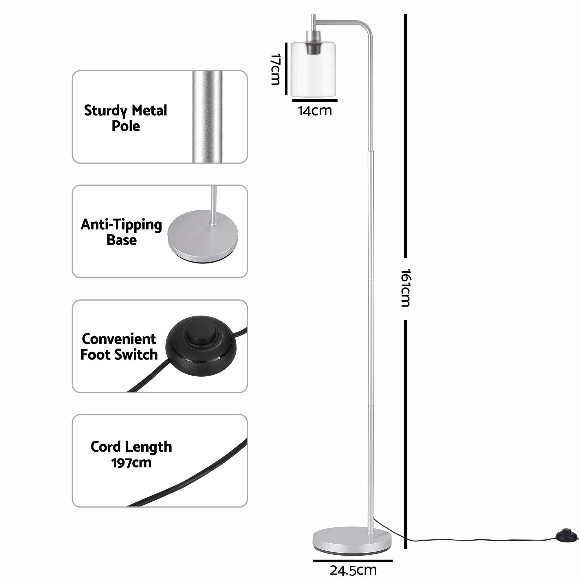 Artiss Floor Lamp Modern Industrial Standing Light with Clear Glass Shade, Silver Metal Tall Lamp for Living Room, Bedroom & Office, Anti-Tipping Weighted Base & Foot Switch Bulb Not Included
