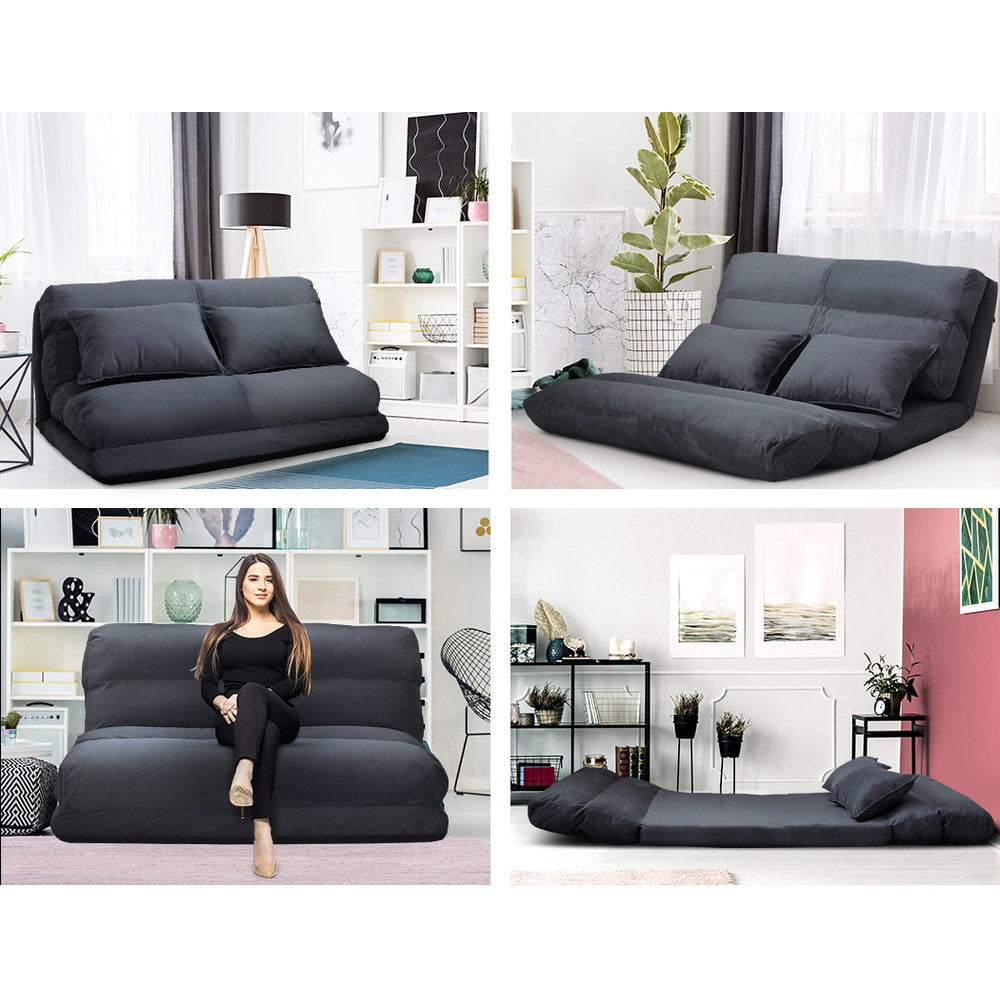 Artiss 2-Seater Floor Lounge Sofa Bed Charcoal Suede