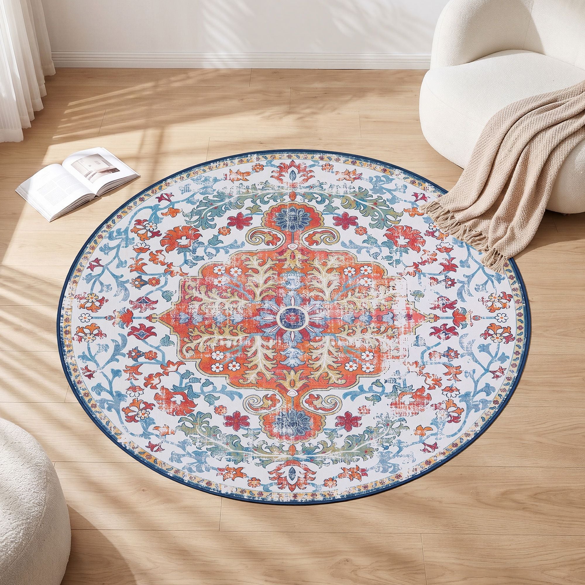 Artiss 120 cm Round Rugs for Living Room With Silicone Dots Grip For Bedroom Entryway 5mm Ultra Thin Foldable Machine Washable Vintage Boho Floor Carpet