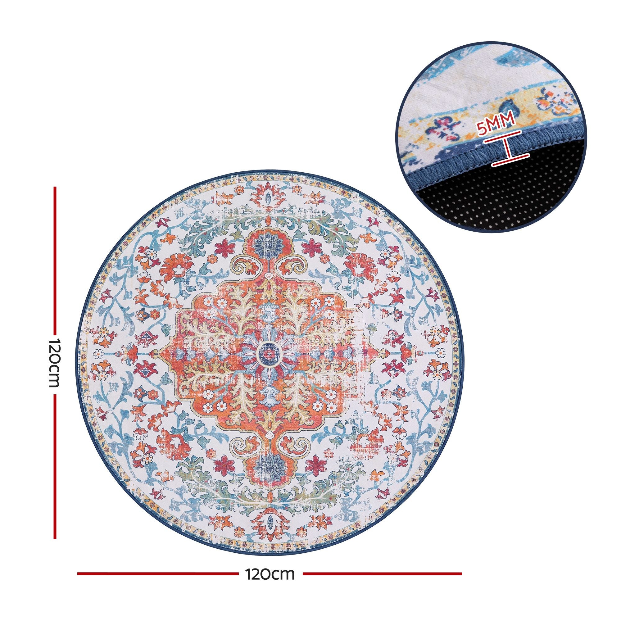 Artiss 120 cm Round Rugs for Living Room With Silicone Dots Grip For Bedroom Entryway 5mm Ultra Thin Foldable Machine Washable Vintage Boho Floor Carpet
