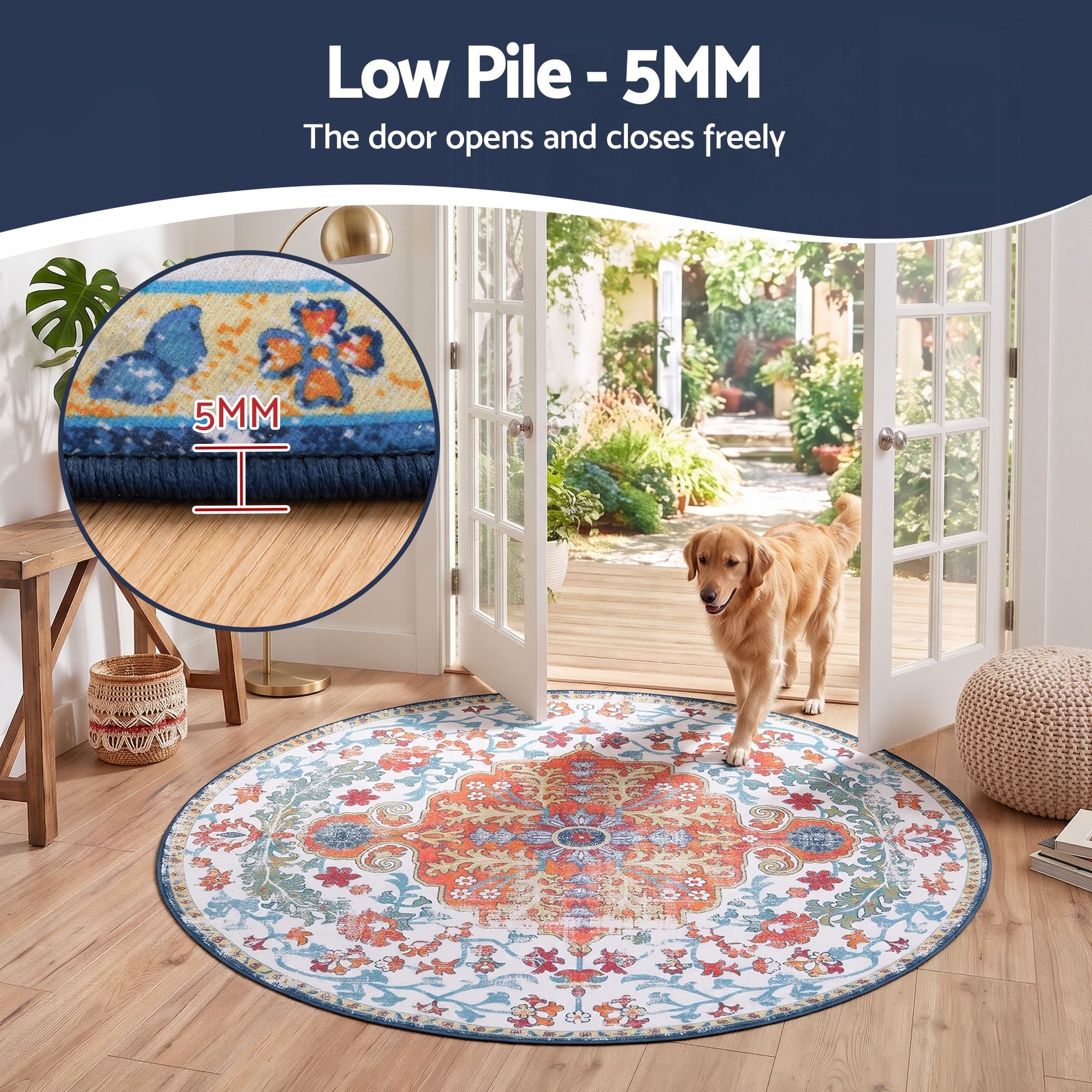 Artiss 120 cm Round Rugs for Living Room With Silicone Dots Grip For Bedroom Entryway 5mm Ultra Thin Foldable Machine Washable Vintage Boho Floor Carpet