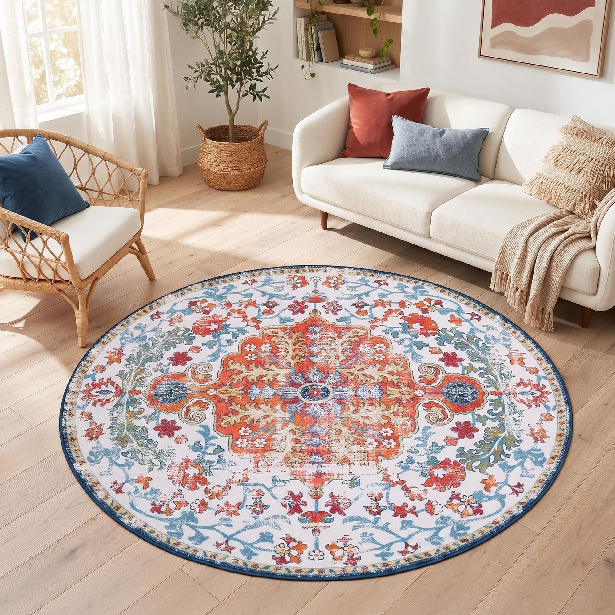 Artiss 120 cm Round Rugs for Living Room With Silicone Dots Grip For Bedroom Entryway 5mm Ultra Thin Foldable Machine Washable Vintage Boho Floor Carpet