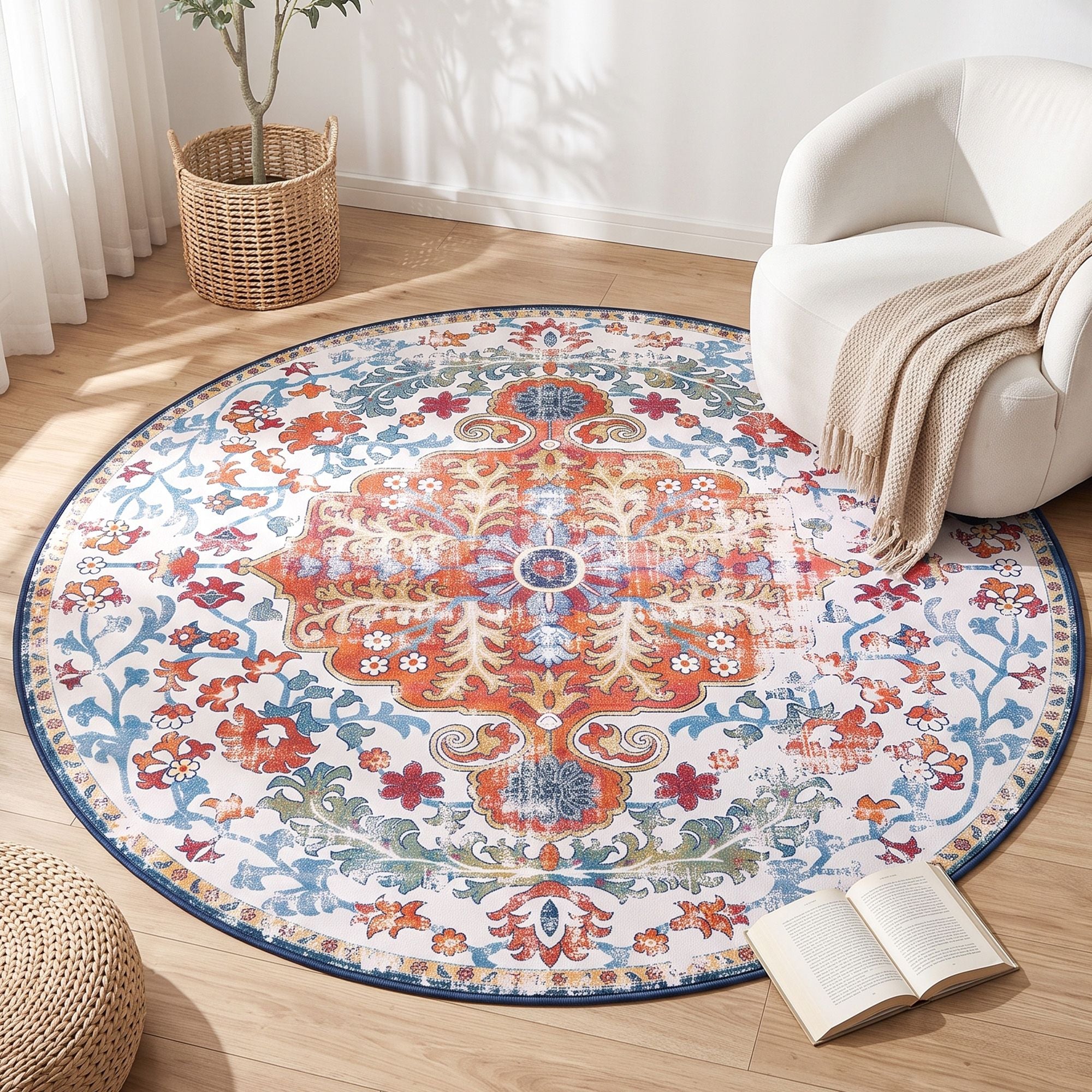 Artiss 160 cm Round Rugs for Living Room With Silicone Dots Grip For Bedroom Entryway 5mm Ultra Thin Foldable Machine Washable Vintage Boho Floor Carpet