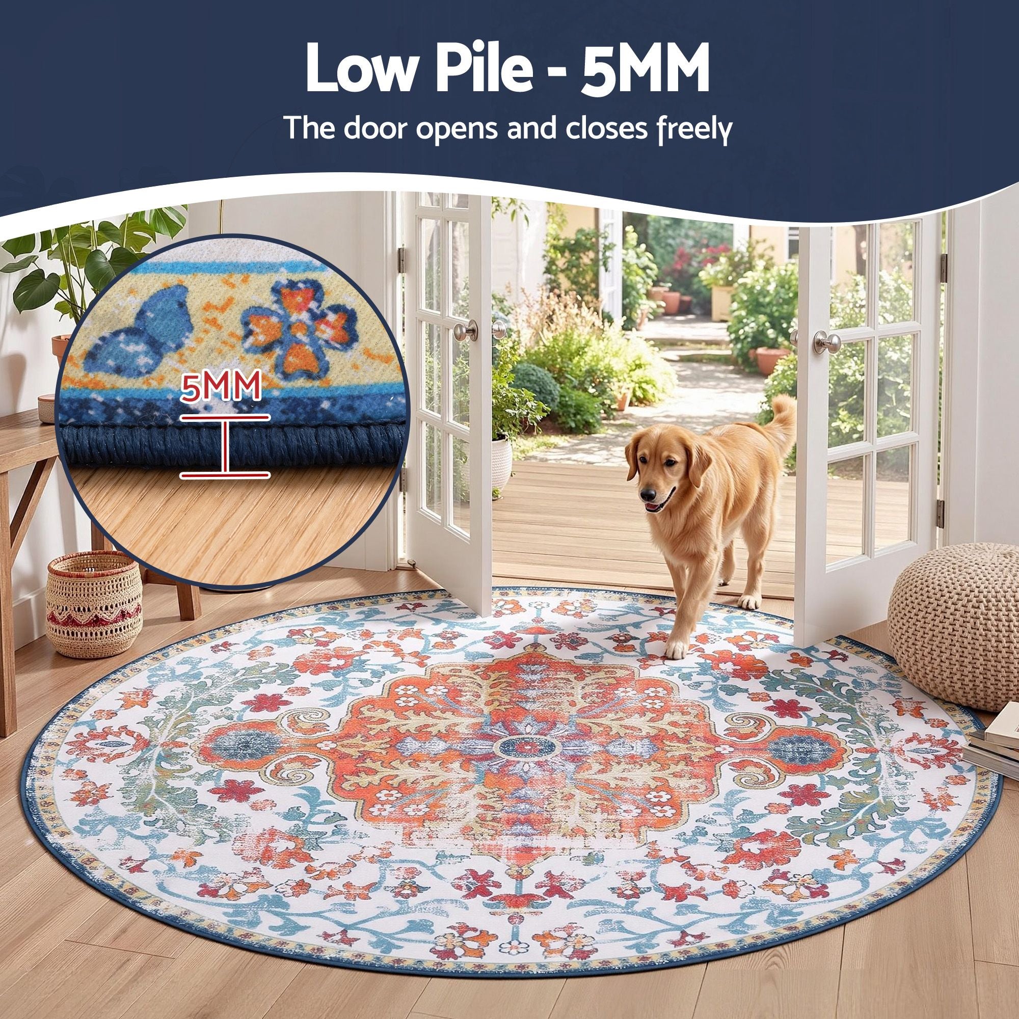 Artiss 160 cm Round Rugs for Living Room With Silicone Dots Grip For Bedroom Entryway 5mm Ultra Thin Foldable Machine Washable Vintage Boho Floor Carpet