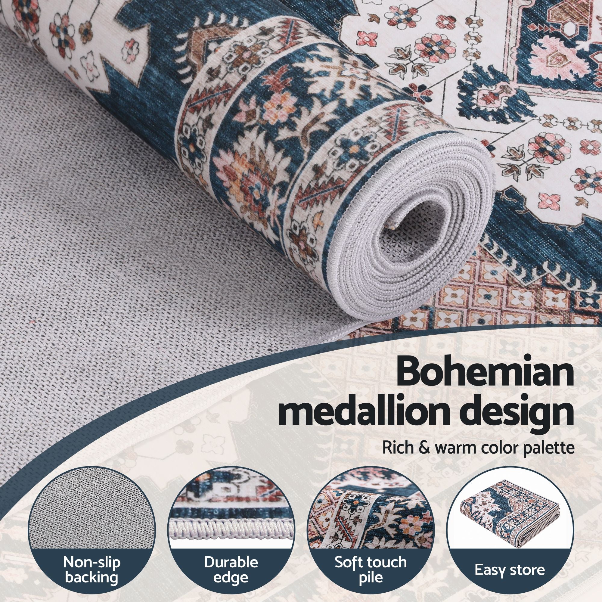Artiss 60 x 300 cm Washable Runner Area Rug No Hard Glue Quilt-Like Soft for Home Decor, 0.5cm Ultra-Thin Pet Friendly Bohemian Medallion Bedroom Carpet