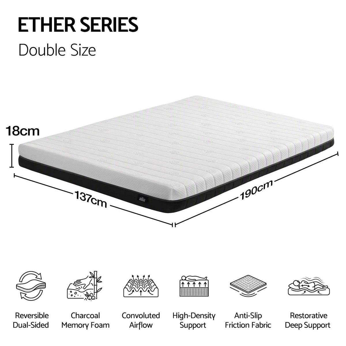 Giselle 18cm Double Memory Foam Mattress Dual Feel Reversible Charcoal Foam