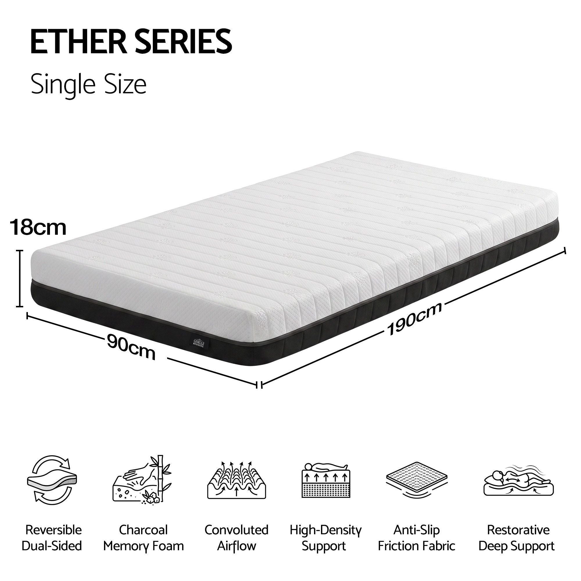 Giselle 18cm Single Memory Foam Mattress Dual Feel Reversible Charcoal Foam