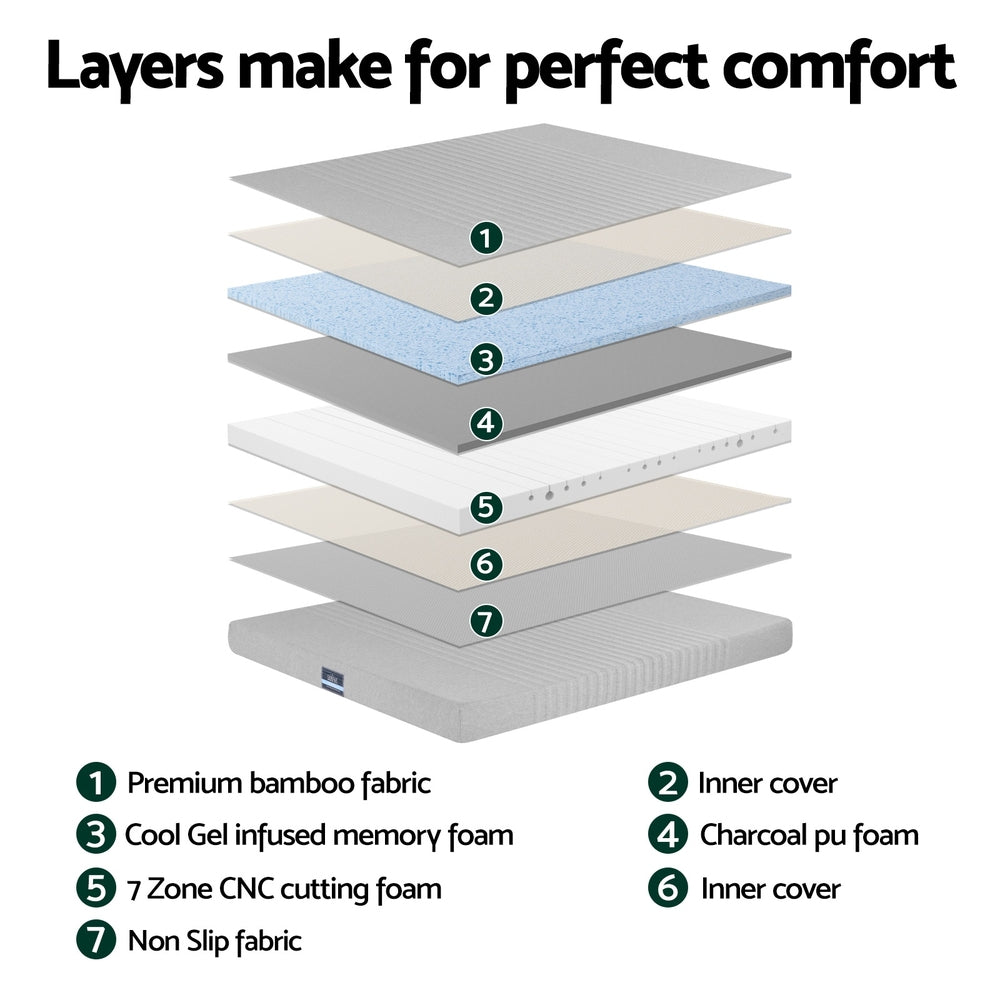 Giselle Bedding Cool Gel Memory Foam Mattress Charcoal 7-Zone Washable Bamboo Cover 15cm Double