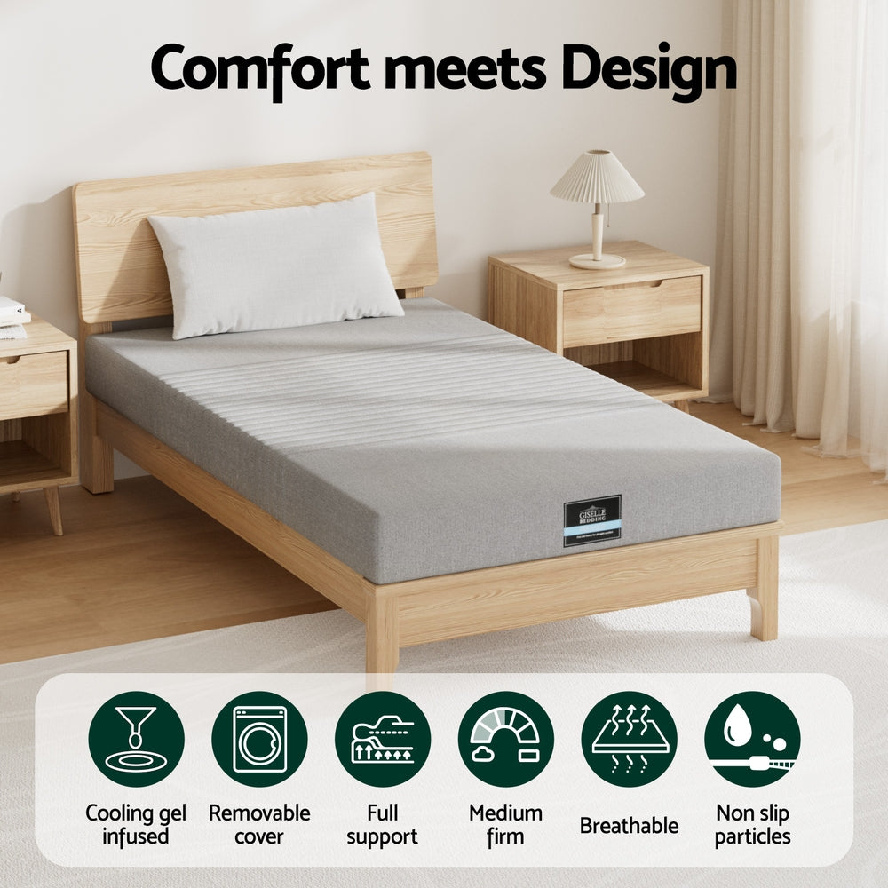 NOBLE King Single Mattress Cool Gel Memory Foam Charcoal Bamboo Cover