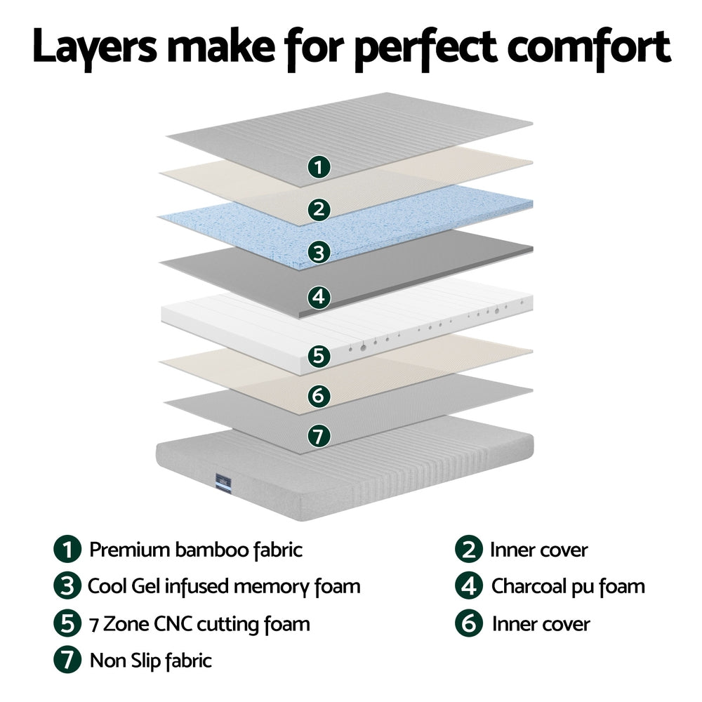 NOBLE Single Mattress Cool Gel Memory Foam Charcoal Bamboo Cover 15cm