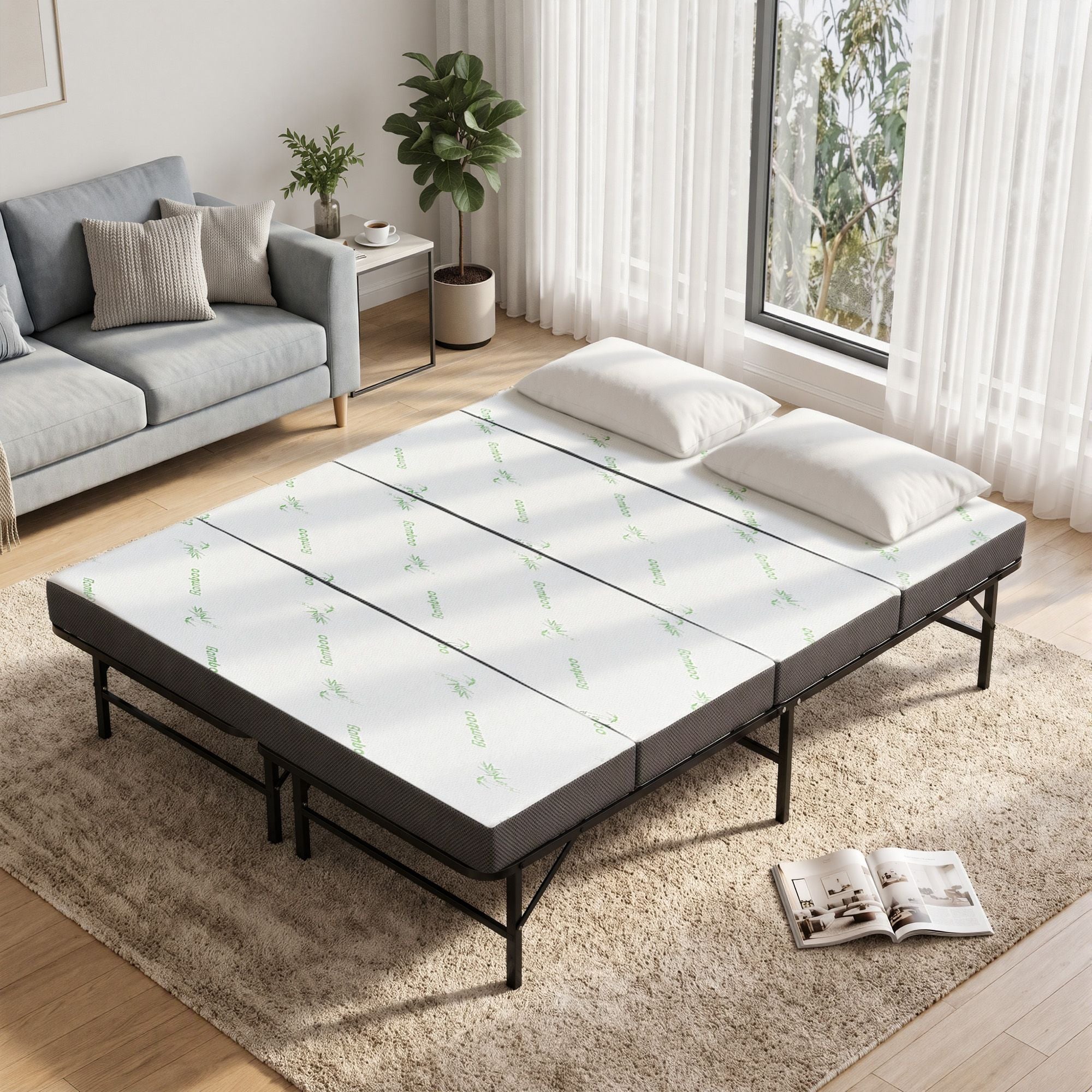 Giselle Double Folding Bed with Mattress 4 Fold Metal Frame Guest Bed Bamboo Cover