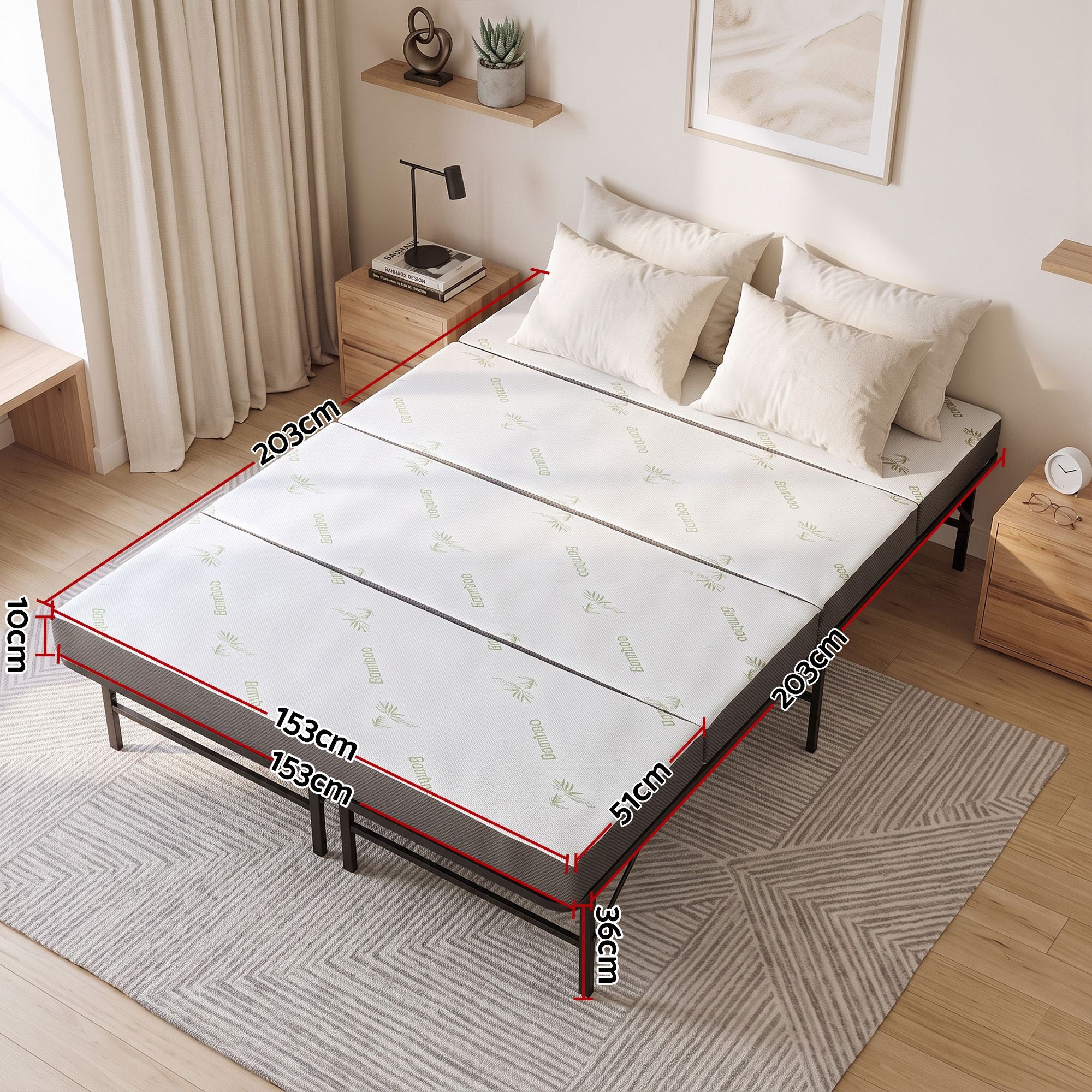 Giselle Queen Folding Bed with Mattress 4 Fold Metal Frame Guest Bed Bamboo Cover