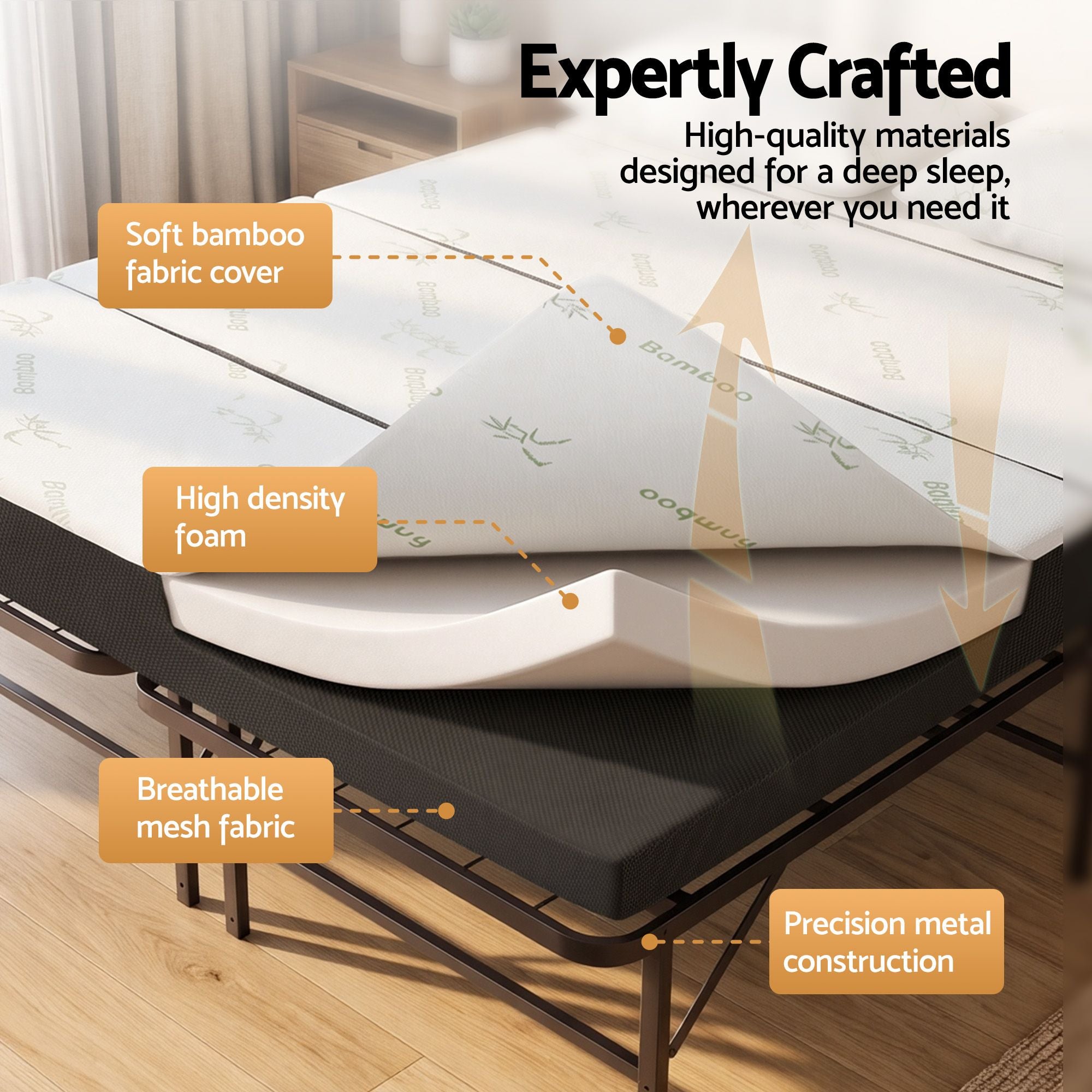 Giselle Queen Folding Bed with Mattress 4 Fold Metal Frame Guest Bed Bamboo Cover
