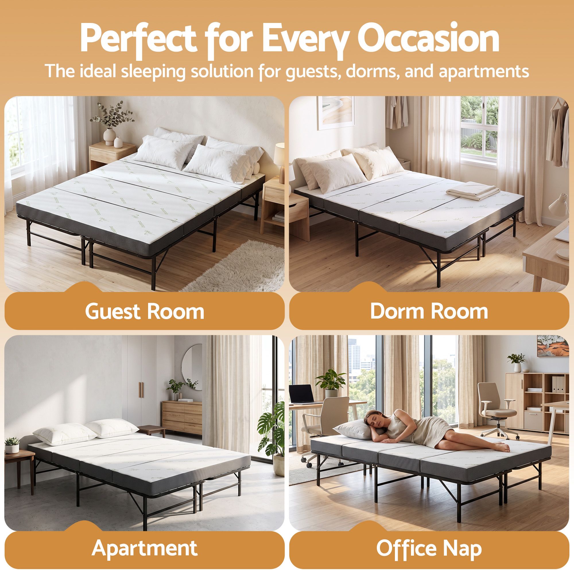 Giselle Queen Folding Bed with Mattress 4 Fold Metal Frame Guest Bed Bamboo Cover
