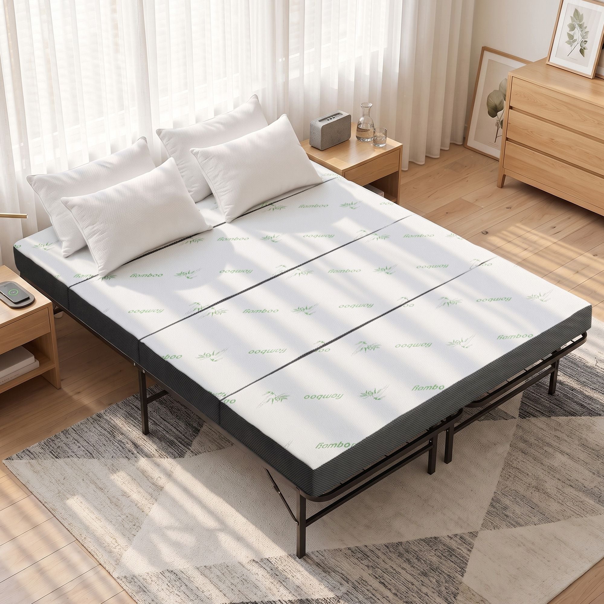 Giselle Queen Folding Bed with Mattress 4 Fold Metal Frame Guest Bed Bamboo Cover