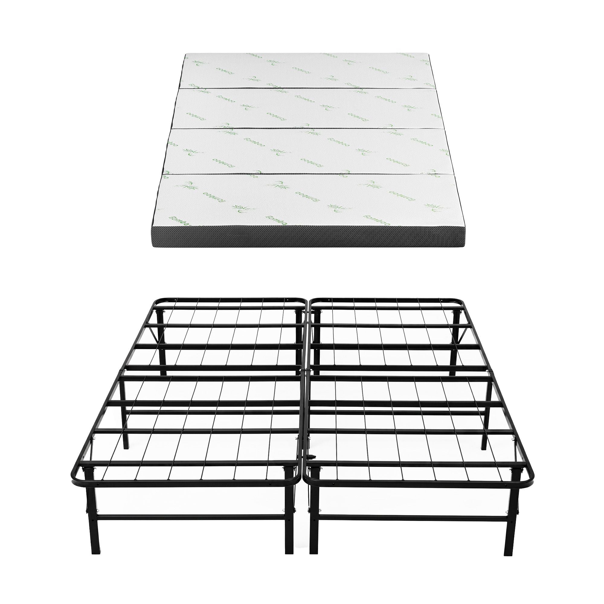 Giselle Queen Folding Bed with Mattress 4 Fold Metal Frame Guest Bed Bamboo Cover