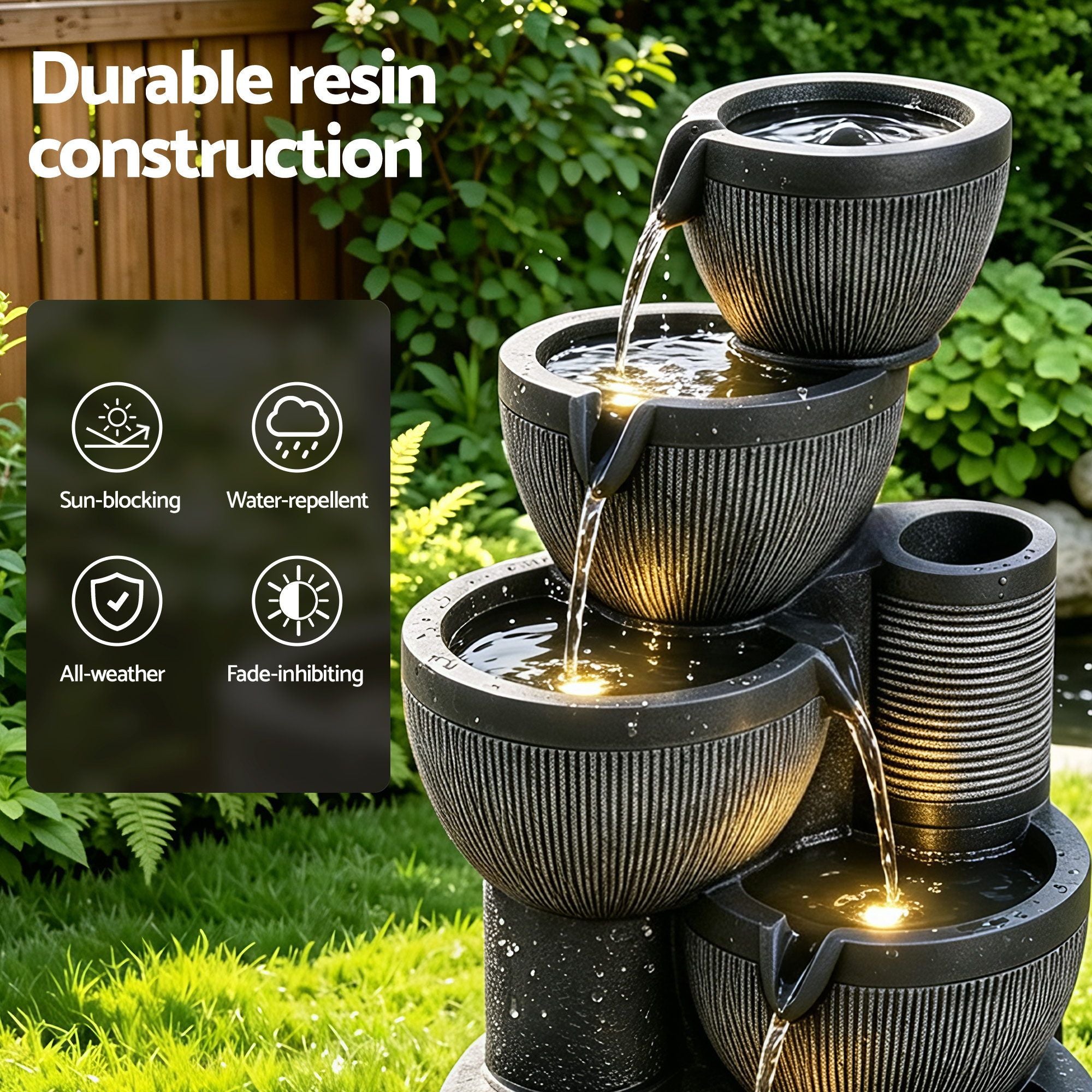 Gardeon Solar Fountain Water Feature 5-Tier Cascading Bowl Grey 51cm