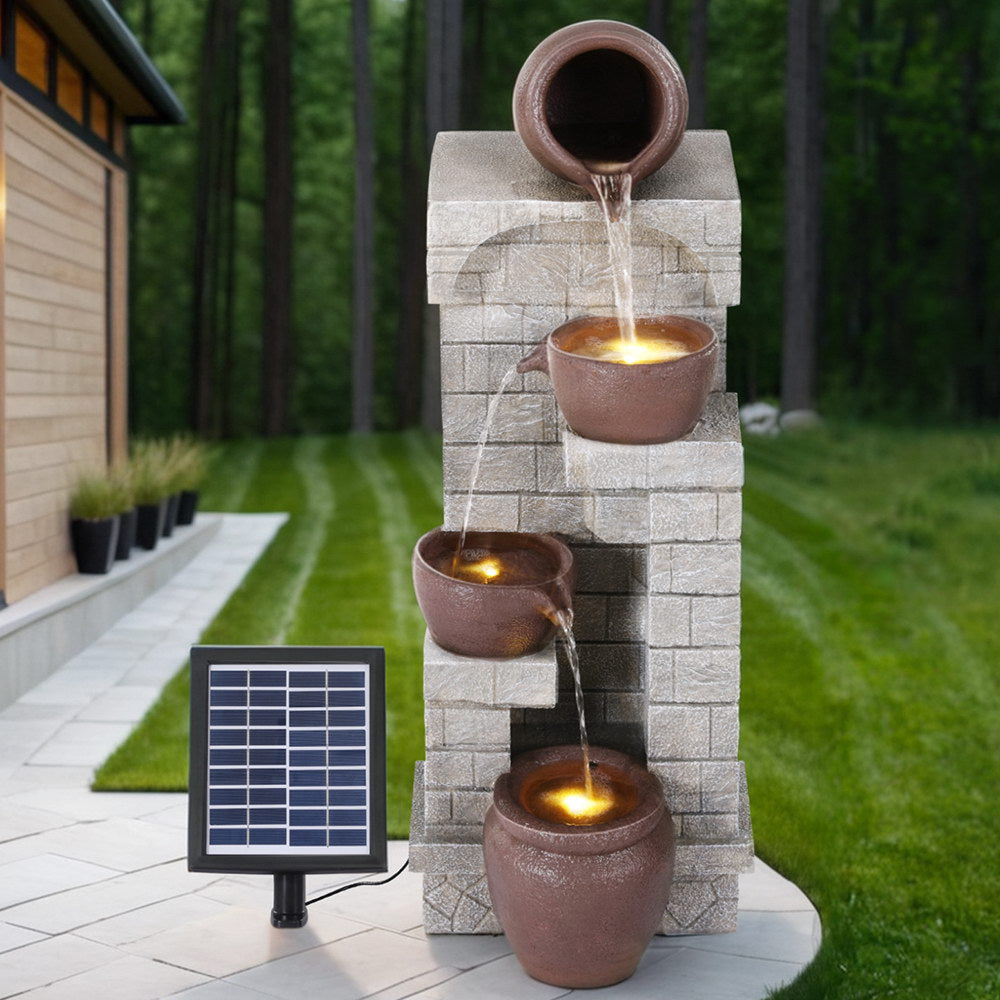 Gardeon 4-Tier Solar Water Fountain Indoor Outdoor Cascading Brown