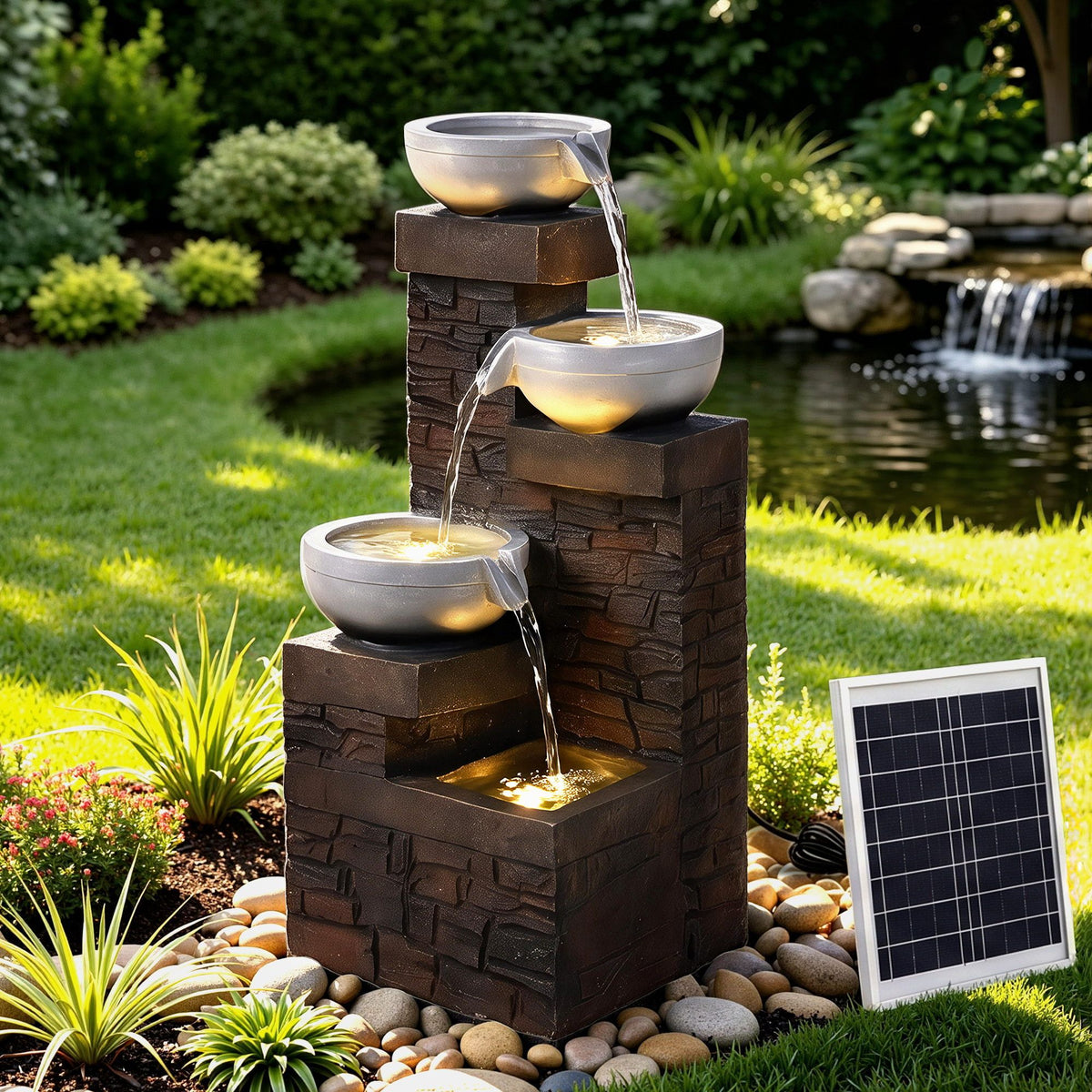 Gardeon Solar Fountain 4 Levels Cascading Bowl Water Feature 75cm Brown