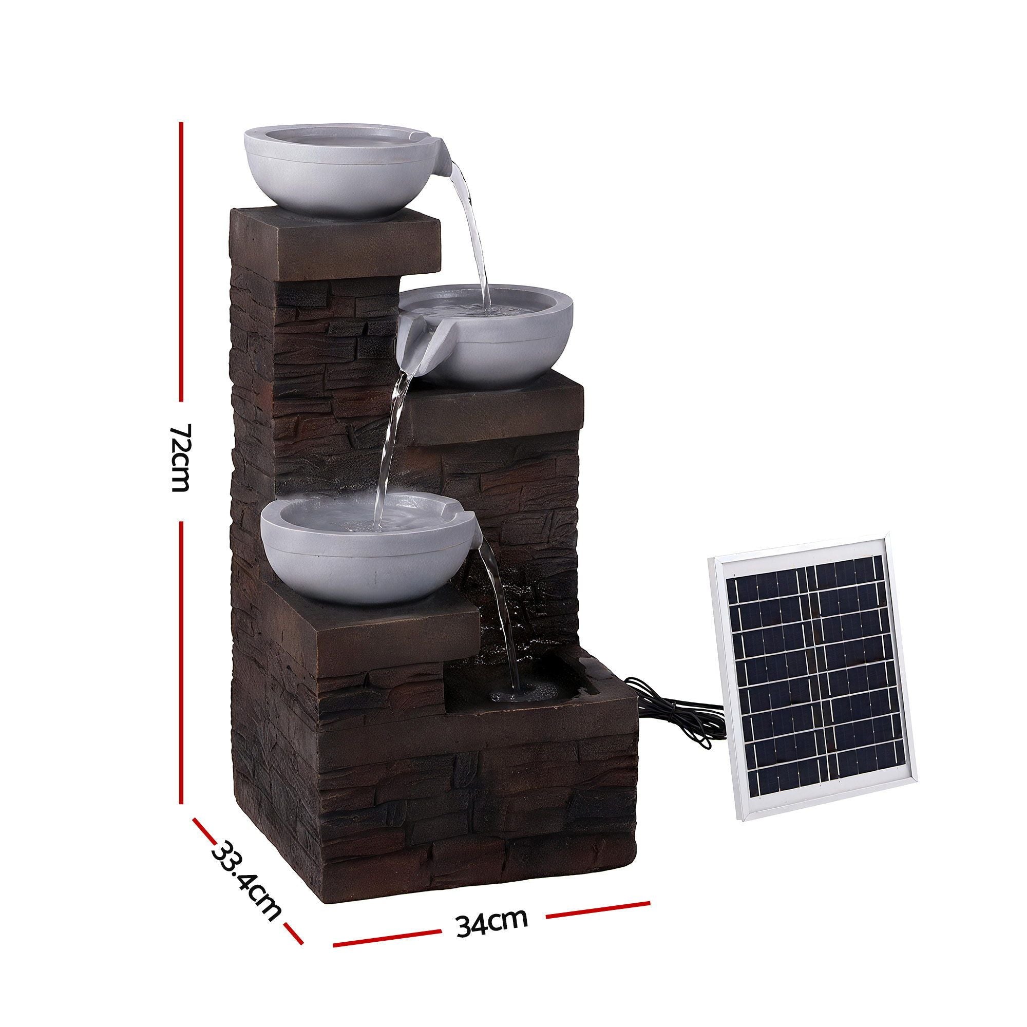 Gardeon Solar Fountain 4 Levels Cascading Bowl Water Feature 75cm Brown