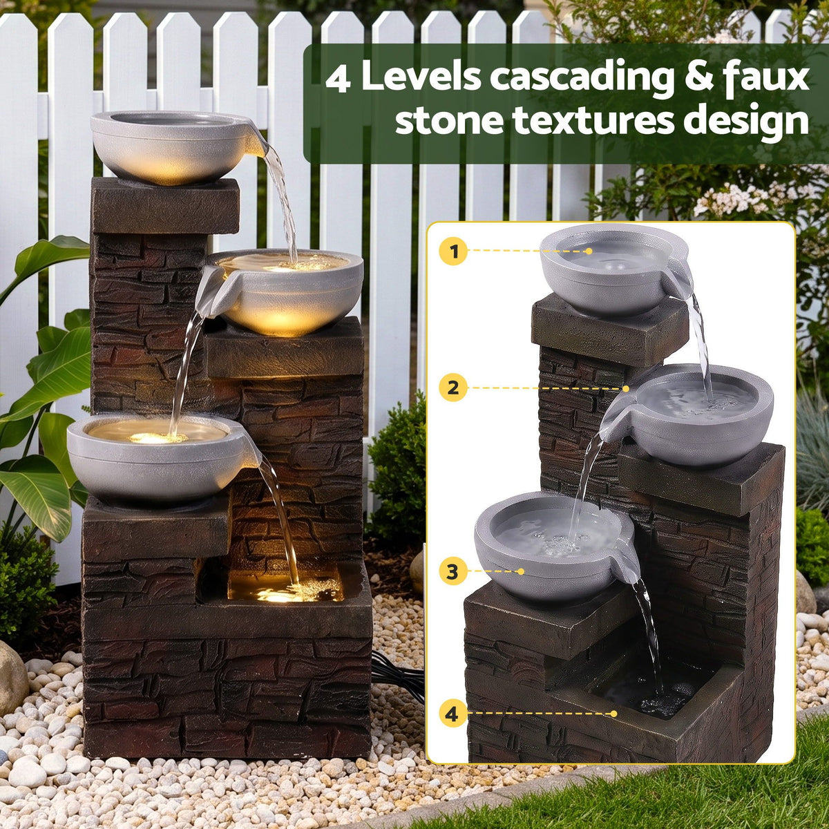 Gardeon Solar Fountain 4 Levels Cascading Bowl Water Feature 75cm Brown
