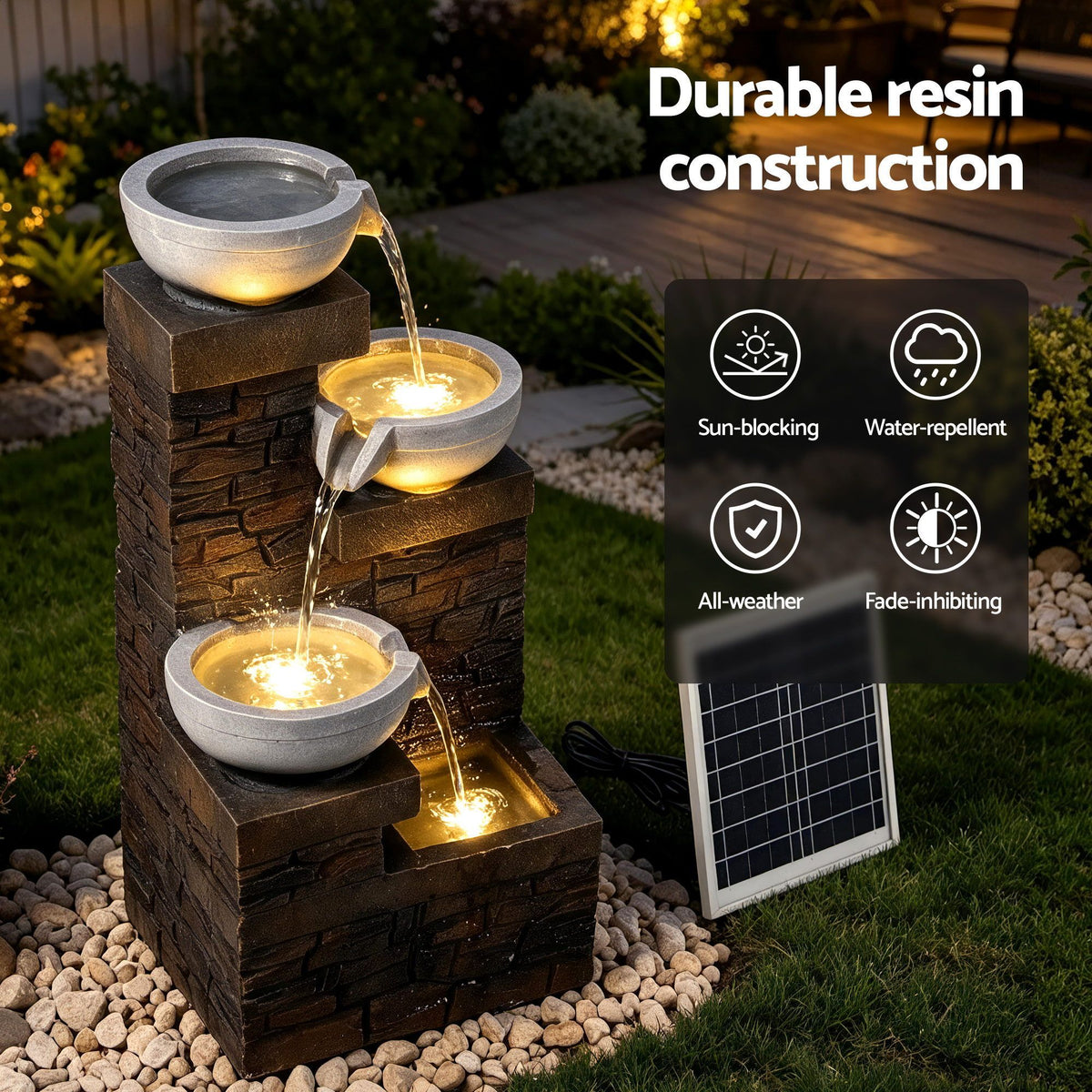 Gardeon Solar Fountain 4 Levels Cascading Bowl Water Feature 75cm Brown
