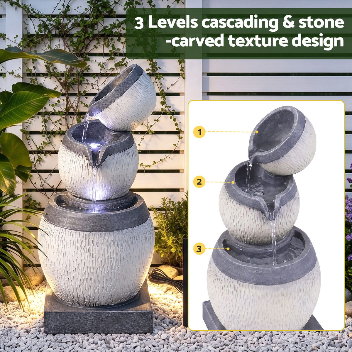 Gardeon Solar Fountain 3 Levels Cascading Bowl Water Feature 52cm Grey