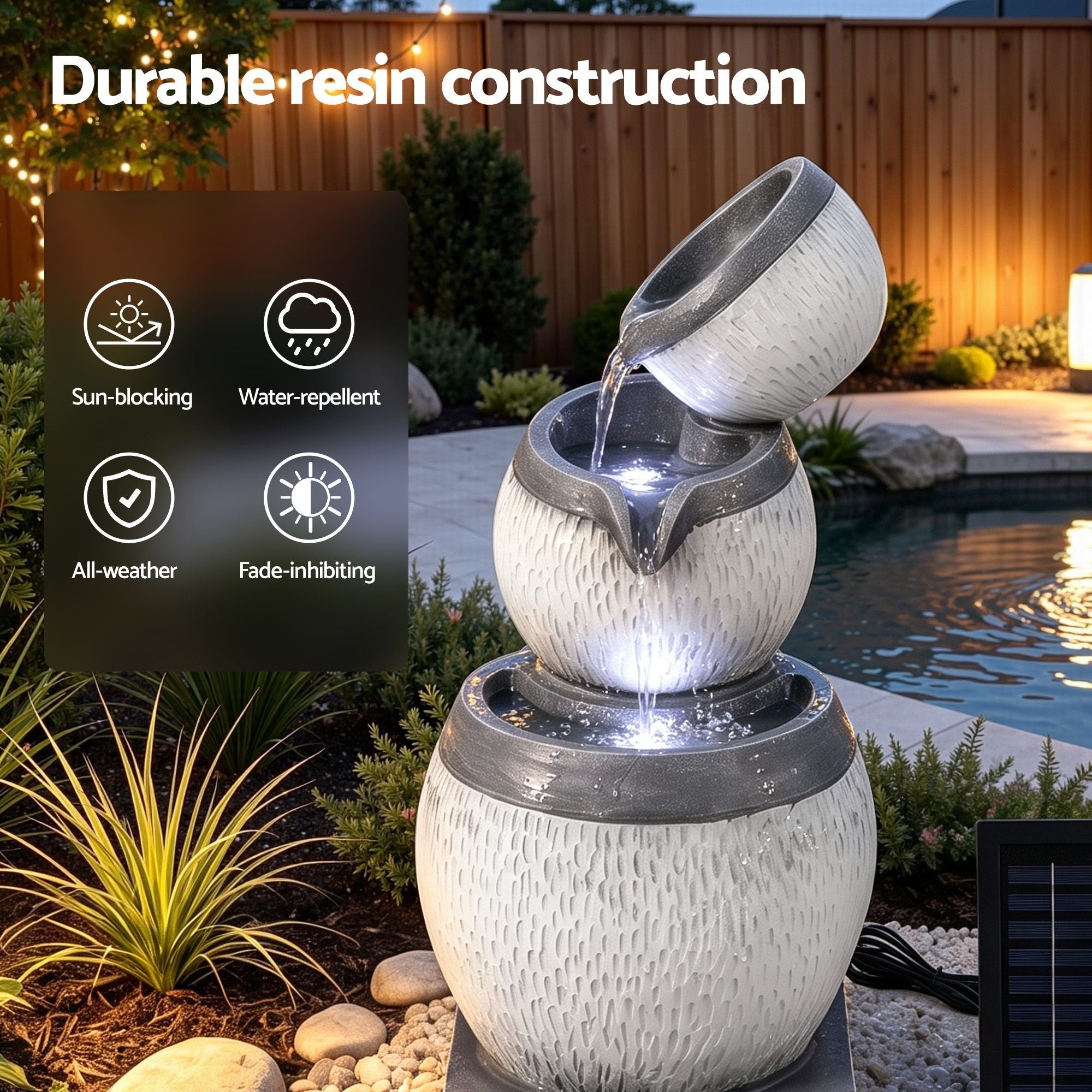 Gardeon Solar Fountain 3 Levels Cascading Bowl Water Feature 52cm Grey