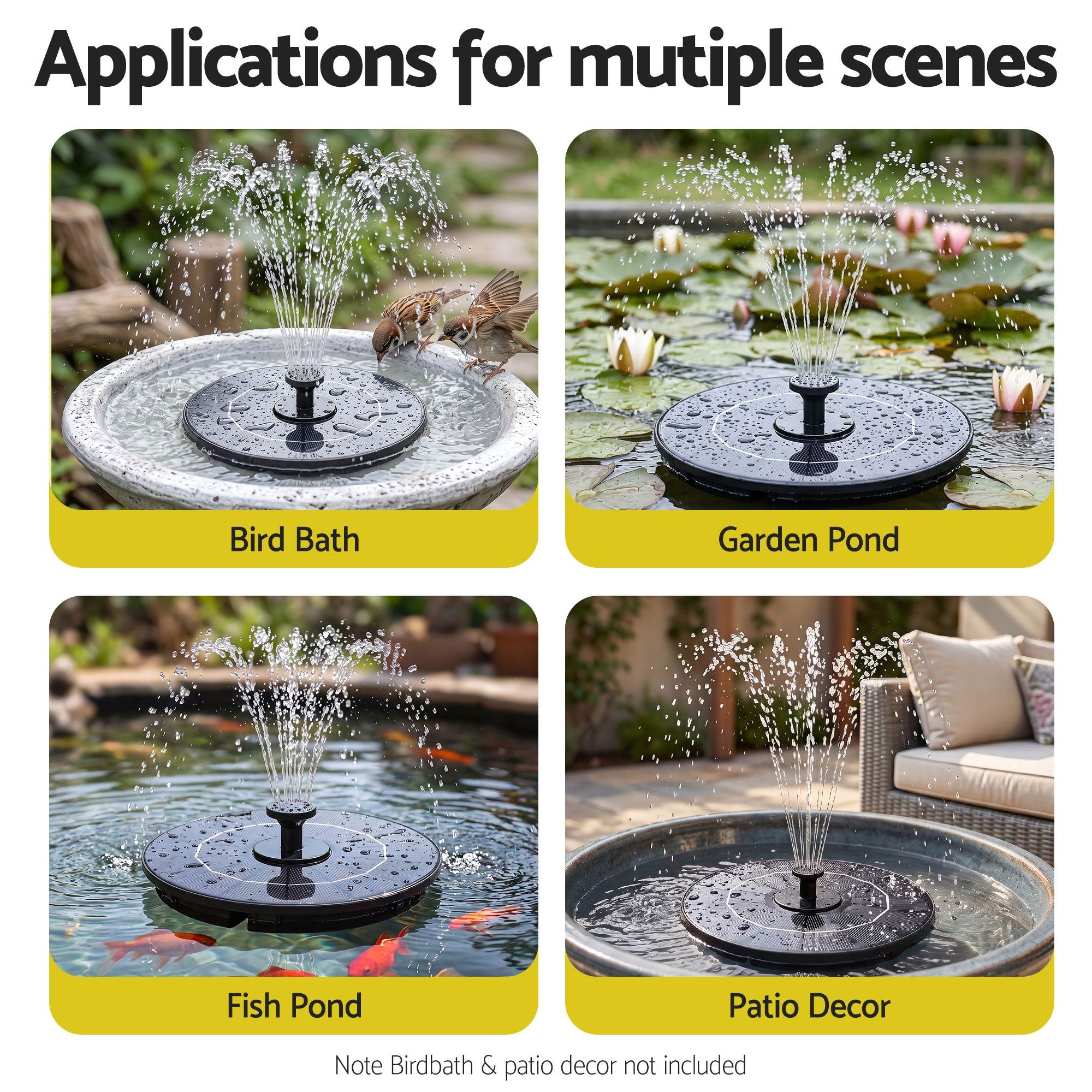 Gardeon Solar Fountain Pump Bird Bath Water Feature 17cm 165L/h Flow Black