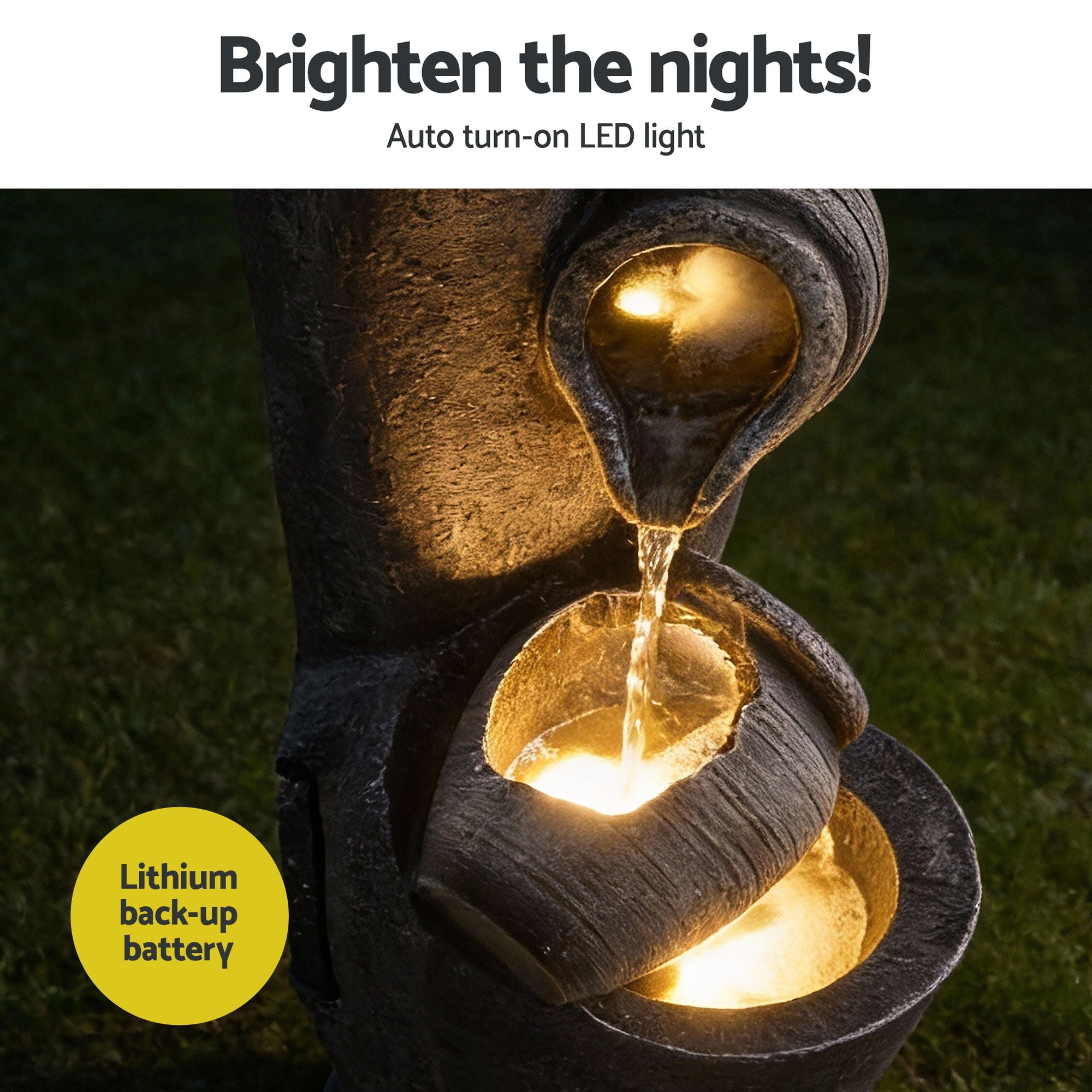 Gardeon Solar Fountain Water Feature Cascading Fountain 3-Tier Pot LED Lights 80CM Grey