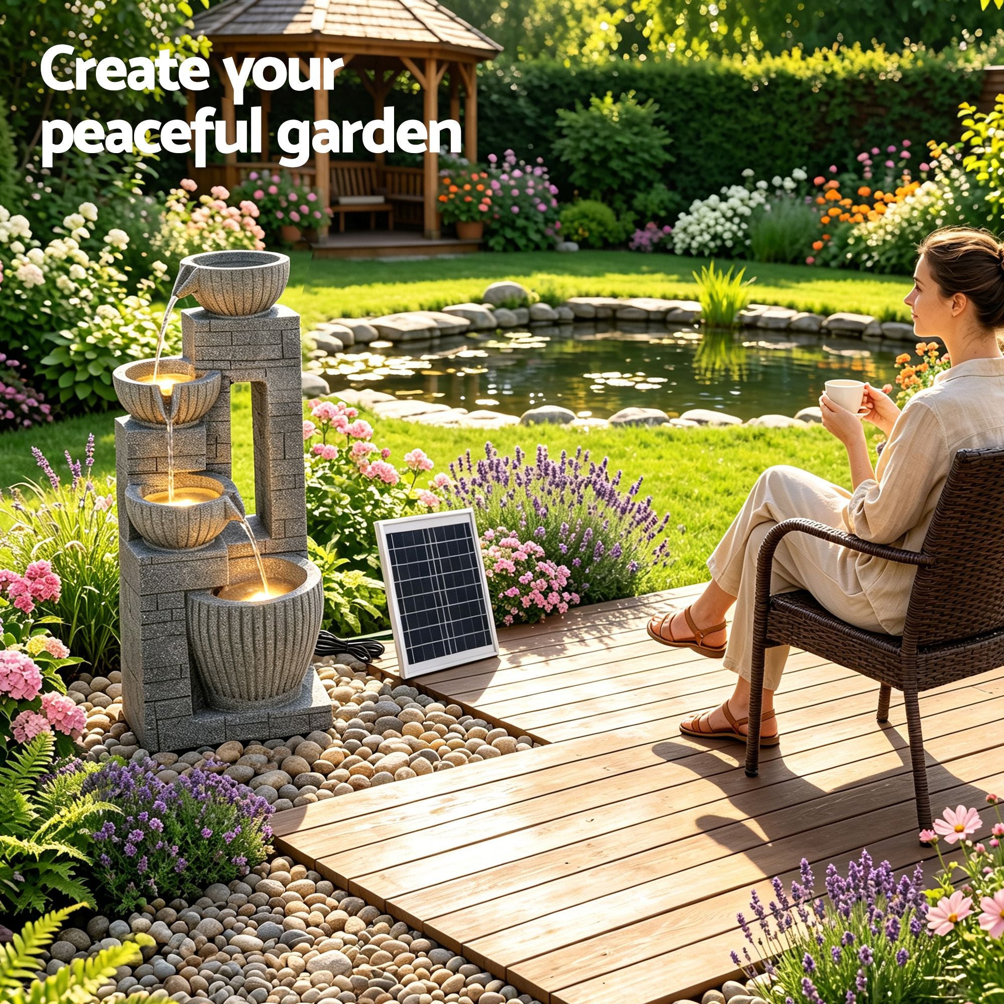 Gardeon Solar Fountains Water Features Cascading Design Polyresin 80cm Grey