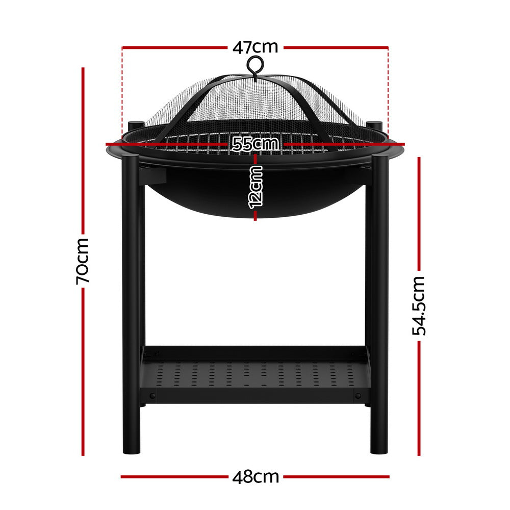 Grillz 55cm Outdoor Fire Pit BBQ Grill 2-in-1 Black