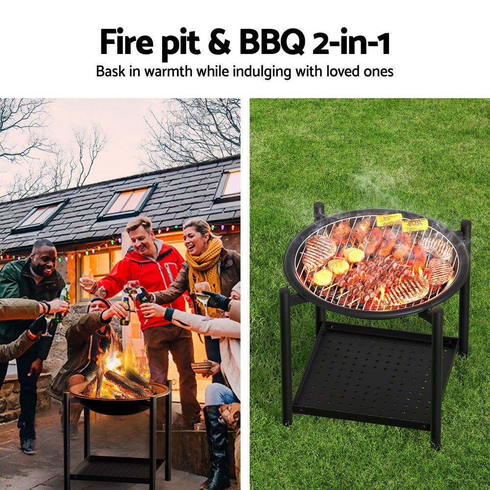 Grillz 55cm Outdoor Fire Pit BBQ Grill 2-in-1 Black