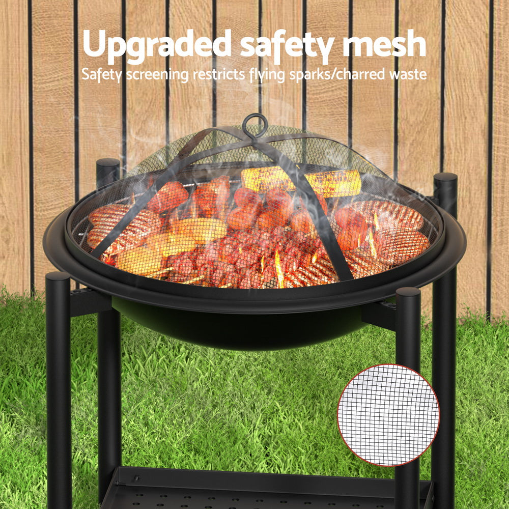 Grillz 55cm Outdoor Fire Pit BBQ Grill 2-in-1 Black