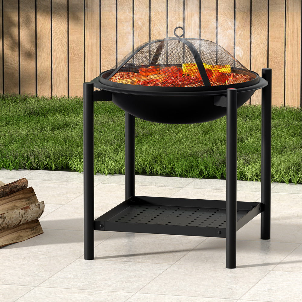 Grillz 55cm Outdoor Fire Pit BBQ Grill 2-in-1 Black