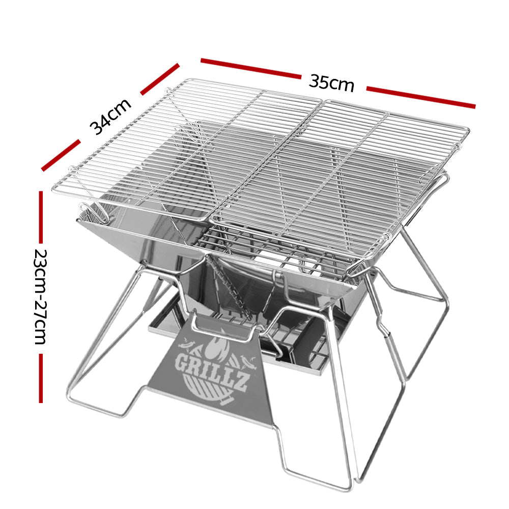 Grillz Portable Fire Pit BBQ Grill Stainless Steel with Carry Bag