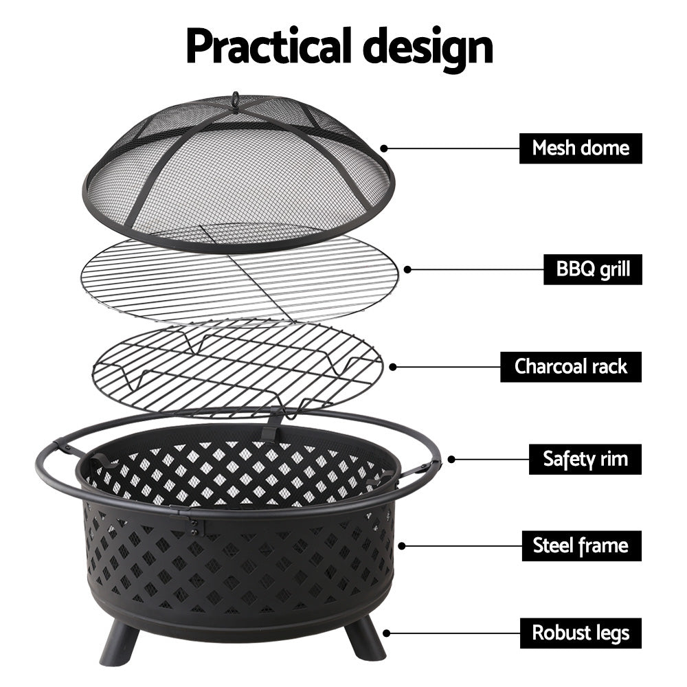 Grillz 76cm Outdoor Fire Pit BBQ Grill Black