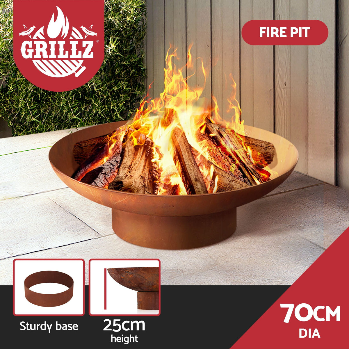 Grillz Rustic Fire Pit Bowl with Stand 70cm, Wood or Charcoal