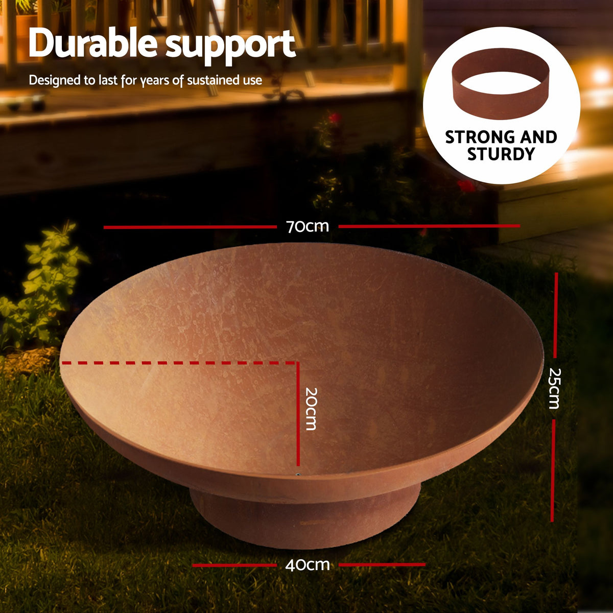 Grillz Rustic Fire Pit Bowl with Stand 70cm, Wood or Charcoal