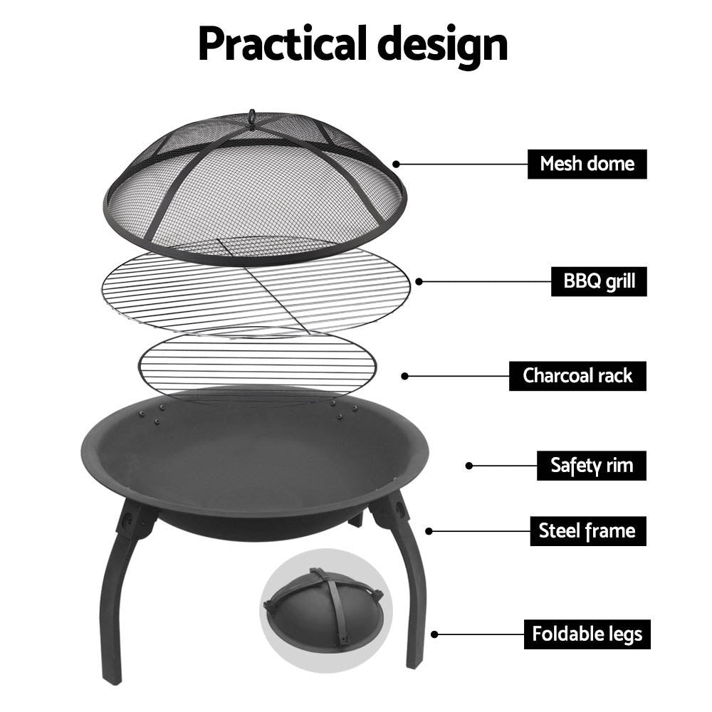 Portable 30" Fire Pit BBQ Charcoal Grill Smoker Foldable Outdoor Camping