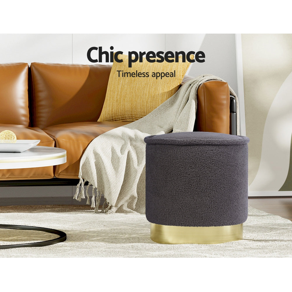 Vera Round Ottoman Footstool Teddy Fabric Charcoal