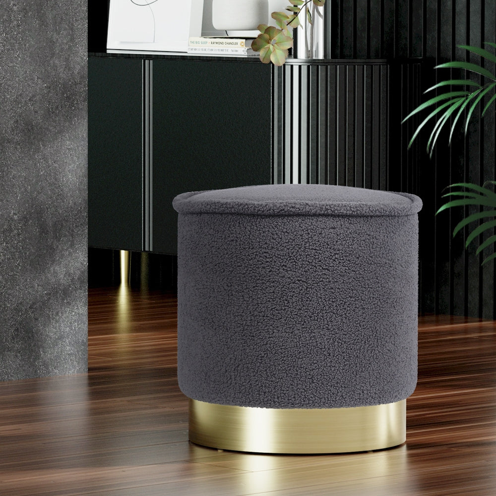 Vera Round Ottoman Footstool Teddy Fabric Charcoal
