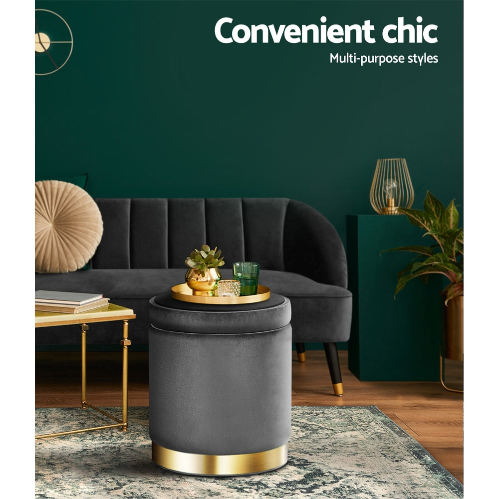 Round Velvet Ottoman Storage Footstool Charcoal