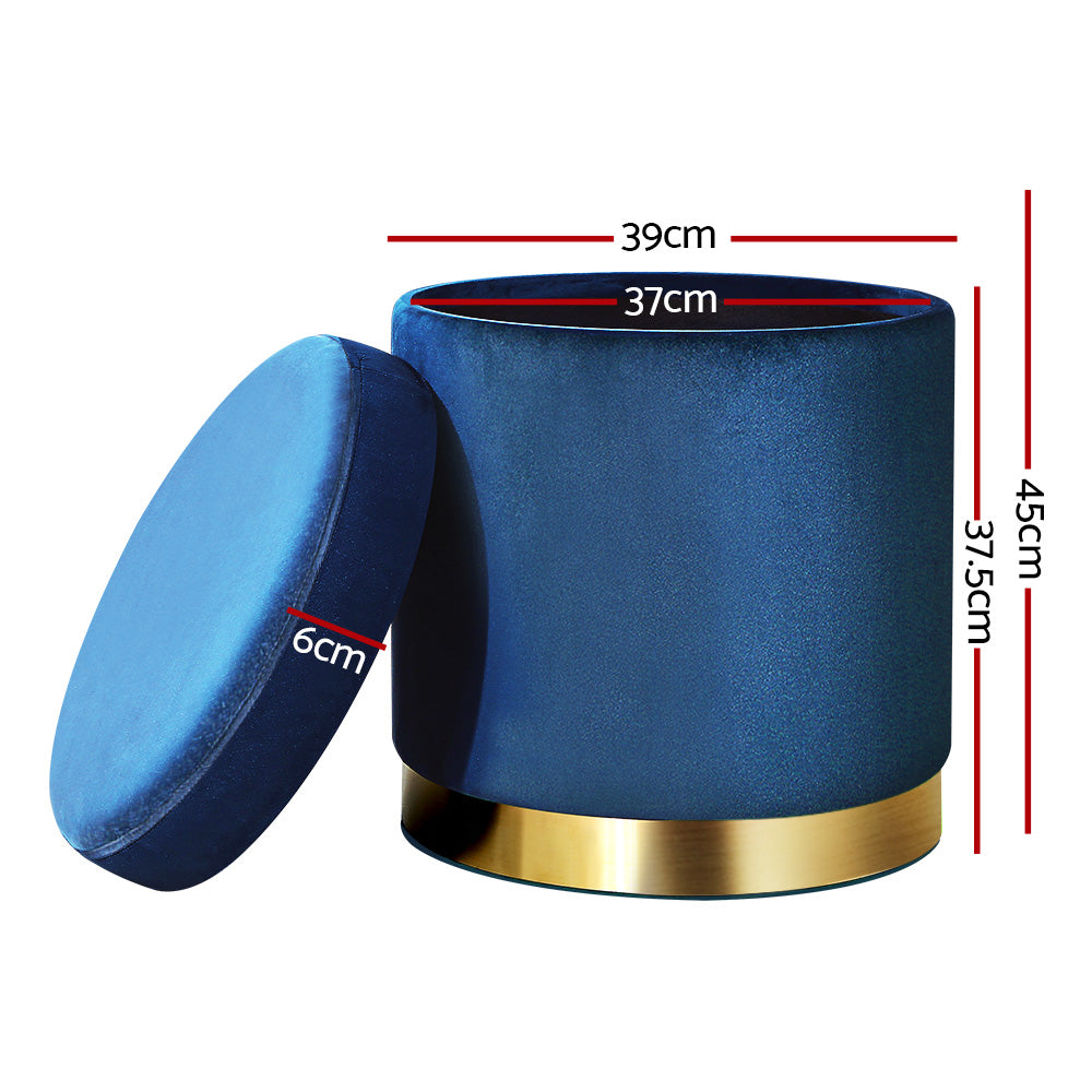 Round Velvet Ottoman Storage Footstool Navy