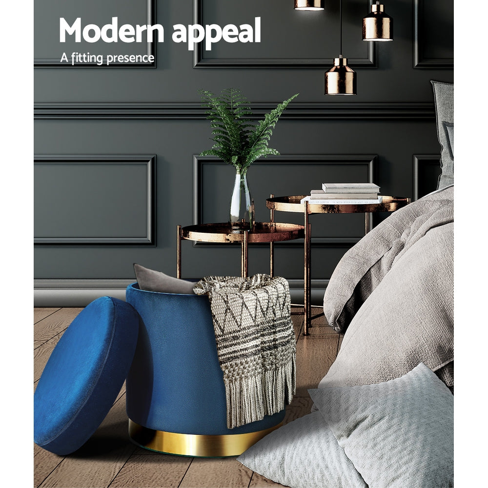 Round Velvet Ottoman Storage Footstool Navy
