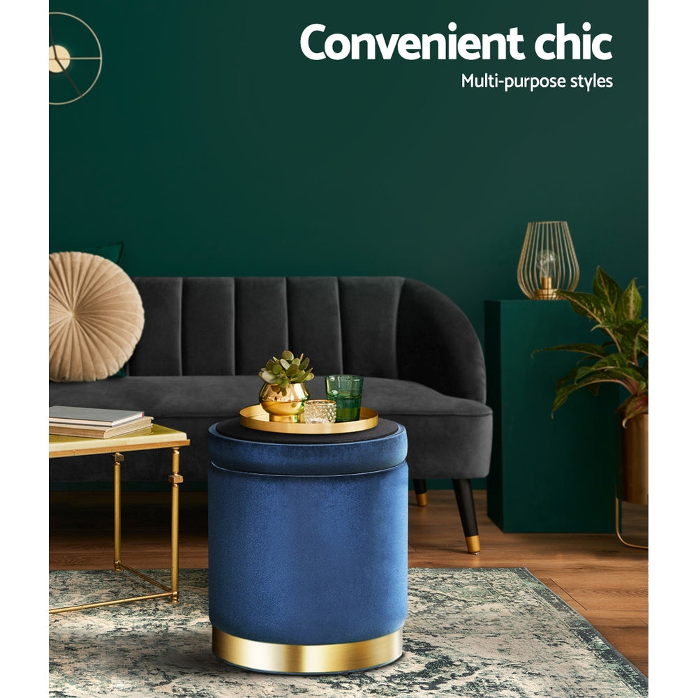 Round Velvet Ottoman Storage Footstool Navy