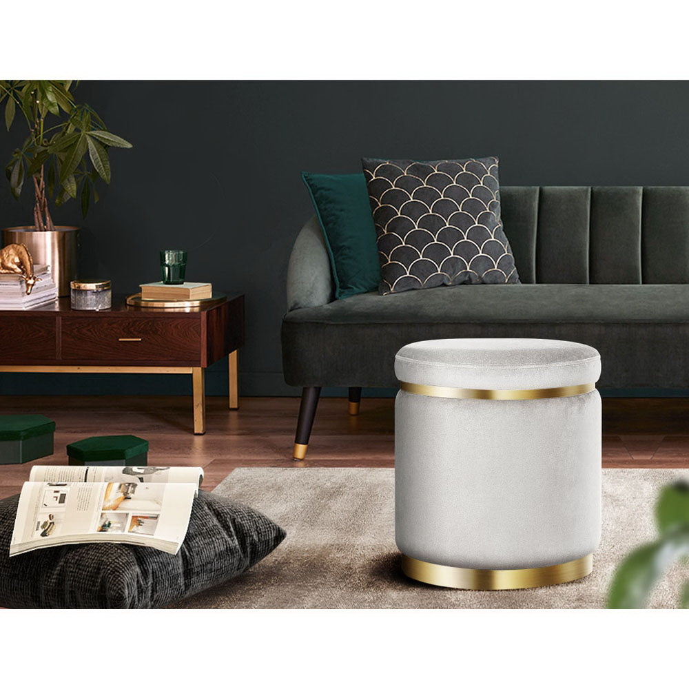 Velvet Round Ottoman Footstool Grey